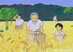  4girls basket black_hair child field grey_hair multiple_girls old outdoors rice rice_paddy sakai_hiroko sky trees yayoi_period 