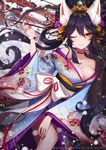  2016 animal_ears ankkoyom beads black_hair bow breasts cleavage collarbone dated eyelashes eyeliner eyeshadow fingernails floral_print flower fox fox_ears glint hair_between_eyes hair_flower hair_ornament hair_stick highres holding holding_pipe japanese_clothes jewelry kimono kiseru large_bow large_breasts long_fingernails long_hair looking_at_viewer makeup nail_polish obi one_eye_closed open_mouth original outdoors pipe red_nails sash sharp_fingernails shrine slit_pupils smile snowing solo sparkle torii tree_branch watermark yellow_eyes yuujo 
