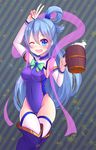  ;d alcohol aqua_(konosuba) aqua_ribbon arm_up arm_warmers beer beer_mug blue_eyes blue_footwear blue_hair blush boots breasts competition_swimsuit cup detached_sleeves diagonal_stripes eyebrows eyebrows_visible_through_hair groin hagoromo hair_between_eyes hair_ornament hair_rings highleg highleg_swimsuit holding holding_cup knee_boots kono_subarashii_sekai_ni_shukufuku_wo! long_hair looking_at_viewer medium_breasts neck_garter one-piece_swimsuit one_eye_closed open_mouth ribbon shawl sideboob sidelocks skin_tight smile solo star starry_background striped striped_background swimsuit thigh_gap thighhighs v very_long_hair yoshiheihe 