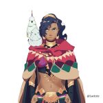  1girl bird blue_hair breasts cloak commentary crescent crescent_earrings dark-skinned_female dark_skin earrings english_commentary eshmel_(pale_raven)_(fire_emblem) fire_emblem fire_emblem:_fortune's_weave fortuna_(fire_emblem) gold_choker gold_earrings green_eyes high_ponytail highres jewelry leda_(fire_emblem) llucitrie looking_at_viewer ponytail red_cloak serious simple_background sketch standing wavy_hair white_background 