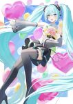  1girl :d absurdly_long_hair absurdres aqua_eyes aqua_hair balloon black_boots black_skirt boots border bouquet cloud commentary detached_sleeves flower full_body hatsune_miku hatsune_miku_(nt) headphones heart_balloon high_heels highres holding holding_bouquet holding_flower layered_sleeves long_hair miniskirt number_tattoo outside_border piapro_studio pink_flower ruruka_003 see-through_clothes see-through_sleeves shirt skirt sky sleeveless sleeveless_shirt smile solo tattoo thigh_boots very_long_hair vocaloid white_border white_flower white_shirt yellow_flower 