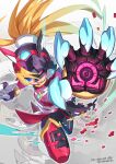  1girl armor black_armor black_dress blonde_hair blue_eyes chest_jewel ciel_(mega_man) claws commentary dress helmet highres looking_at_viewer mega_man_(series) mega_man_zero_(series) omega_symbol omochi_(mochi_skymega) power_armor red_armor red_dress solo torn_clothes transformation translation_request twitter_username 