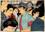  2girls 6+boys absurdres armband black_eyes black_hair blue_hat blue_kimono blue_shirt border clock closed_eyes closed_mouth collared_shirt commentary_request flower_hairclip glasses gloves hat highres holding holding_pinwheel holding_walkie-talkie japanese_clothes kimono male_focus mask multiple_boys multiple_girls myojo_0120 necktie open_mouth original outdoors parted_hair peaked_cap pinwheel red_armband red_necktie shirt short_hair shorts shouwa smile solo_focus sweat translation_request walkie-talkie wall_clock watch white_border white_gloves white_shirt wristwatch yellow_shorts 