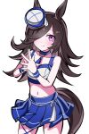  1girl animal_ears bare_shoulders blue_choker blue_skirt blush breasts brown_hair choker closed_mouth collarbone commentary_request crop_top dixie_cup_hat flipped_hair hair_over_one_eye hat highres horse_ears horse_girl horse_tail kikkasoon long_hair looking_at_viewer midriff military_hat pacific_racing_team purple_eyes race_queen rice_shower_(umamusume) simple_background skirt small_breasts smile solo sports_bra steepled_fingers tail tilted_headwear umamusume white_background white_sports_bra 