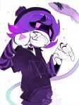  1girl absurdres beanie black_hat black_jacket hat highres humanoid_robot jacket looking_at_viewer mechanical_arms murder_drones purple_eyes purple_hair purple_sweater robot robot_girl sd_annii short_hair simple_background sweater upper_body uzi_(murder_drones) 