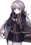  1girl black_gloves collared_shirt commentary_request cowboy_shot danganronpa:_trigger_happy_havoc danganronpa_(series) expressionless gloves hand_on_table highres jacket kirigiri_kyoko long_hair necktie no_nose orange_necktie purple_eyes purple_hair purple_jacket purple_skirt sakana_clo shirt simple_background skirt solo white_background white_shirt 