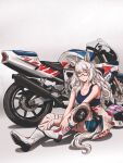  1girl ahoge animal_ears biker_clothes bikesuit biwa_hayahide_(umamusume) blue_tank_top bodysuit boots collarbone english_commentary glasses grey_hair grey_tail helmet highres holding_own_ankle horse_ears horse_girl horse_tail horseshoe invisible_floor knee_pads knees_up long_hair looking_at_viewer mas_taado motor_vehicle motorcycle motorcycle_helmet semi-rimless_eyewear simple_background sitting solo tail tank_top umamusume under-rim_eyewear white_background white_boots yellow_eyes 