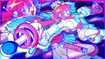  1girl adapted_hairstyle ahoge belt blue_aura blush_stickers commentary_request covered_navel cropped_jacket double-parted_bangs energy_gun english_text foreshortening gloves hair_between_eyes hair_ornament highres holding holding_energy_gun holding_weapon jacket kasane_teto leotard lightning_bolt_hair_ornament lightning_bolt_symbol open_mouth plasma_thunder_supernova_(synthesizer_v) pleated_skirt ray_gun red_eyes red_hair red_leotard red_scarf robot_ears scarf screentones shoes short_sleeves sideways_glance skirt sparkle sparkle_hair_ornament suuno_kamibukuro synthesizer_v trigger_discipline twitter_username utau watermark weapon white_gloves white_jacket white_shoes white_skirt zoom_layer 