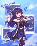  1girl 6th_live_dream_~bloom_garden_party~ :d ;d ampere_(love_live!) bare_shoulders black_pantyhose black_shirt bless_you!_(love_live!) blue_background blue_coat blue_eyes blue_hair blue_skirt blue_sky coat commentary english_commentary english_text feet_out_of_frame fishnet_pantyhose fishnets hands_up highres holding holding_microphone kokutou_usagi_(brown_sugar11089) looking_at_viewer love_live! love_live!_hasu_no_sora_jogakuin_school_idol_club microphone miniskirt murano_sayaka off-shoulder_coat off_shoulder one_eye_closed open_clothes open_coat open_mouth pantyhose pleated_skirt shirt singing skirt sky sleeveless sleeveless_shirt smile song_name virtual_youtuber zoom_layer 