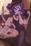  1girl absurdres arthropod_girl black_dress black_shoes blue_skin bow brown_pantyhose cafe coat colored_skin crossed_legs cup dress extra_arms extra_eyes fangs flower footwear_bow french_text fur_coat gem head_on_hand high_heels highres long_sleeves looking_at_viewer muffet newspaper odenezix pantyhose purple_hair shirt shirt_under_dress shoes short_hair signature smile solo spider_girl strappy_heels tea teacup translation_request undertale utdr_(toby_fox) white_shirt 