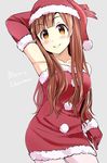  brown_eyes brown_hair elbow_gloves gloves hair_down hat idolmaster idolmaster_cinderella_girls igarashi_kyouko long_hair mintol_(qool+) red_gloves santa_costume santa_hat smile solo 