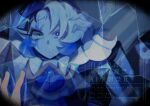  1boy blue_eyes blue_skin brooch colored_eyelashes colored_skin commentary_request cookie_run cookie_run:_kingdom hat highres humanization jewelry long_hair long_sleeves looking_at_viewer male_focus mismatched_eyelashes neck_ruff puffy_long_sleeves puffy_sleeves shadow_milk_cookie simple_background solo user_wryr3254 very_long_hair white_hair 