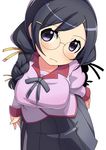  bakemonogatari black_eyes black_hair braid breasts glasses hair_over_shoulder hanekawa_tsubasa large_breasts long_hair monogatari_(series) ninomae_ichijiku solo twin_braids twintails 