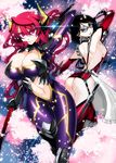  ass black_hair bodysuit breasts cleavage fishnets highres horns huge_breasts ishida_akira large_breasts long_hair maid-chou_(maoyuu) maou_(maoyuu) maoyuu_maou_yuusha multiple_girls navel navel_cutout ninja petals pink_eyes promotional_art red_hair revealing_clothes sideboob sunglasses 