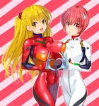  ayanami_rei ayanami_rei_(cosplay) blonde_hair blush bodysuit breasts brown_eyes cosplay hair_ornament heart heart_hands heart_hands_duo kamia_(not_found) large_breasts long_hair looking_at_viewer multiple_girls neon_genesis_evangelion open_mouth original plugsuit red_eyes red_hair short_hair skin_tight small_breasts smile souryuu_asuka_langley souryuu_asuka_langley_(cosplay) white_bodysuit 