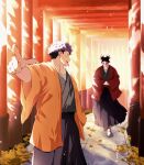  2boys black_hair choso_(jujutsu_kaisen) closed_eyes closed_mouth commentary_request facial_mark highres itadori_yuji japanese_clothes jujutsu_kaisen kimono male_focus multiple_boys open_mouth orange_kimono pink_hair red_kimono renonorakugaki short_hair 