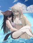  2girls absurdres animal_ears arknights bikini black_hair black_shorts blue_sky blush breasts brown_shirt carrying cleavage cloud commentary_request day grey_bikini grey_hair highres korean_commentary lappland_(arknights) long_hair medium_breasts multiple_girls ocean orrga outdoors princess_carry shirt shorts sky swimsuit tail texas_(arknights) wading white_bikini wolf_boy wolf_ears wolf_tail yuri 