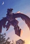  beak bird black_sclera colored_sclera commentary_request corviknight crescent_moon ewokakukaede flying highres moon no_humans outdoors pokemon pokemon_(creature) pokemon_focus red_eyes tree wings 
