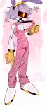  1boy absurdres animal_ears company_connection cosplay full_body grey_hair highres humanoid_robot jax_(the_amazing_digital_circus) jax_(the_amazing_digital_circus)_(cosplay) looking_at_viewer mechanical_arms michael_kovach murder_drones n_(murder_drones) overalls pink_overalls rabbit_ears robot robot_boy sd_annii short_hair simple_background smile voice_actor_connection white_hair yellow_eyes 
