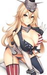  american_flag_bikini bikini breasts cleavage collarbone elbow_gloves flag_print garter_belt gloves grey_eyes headgear highres iowa_(kantai_collection) kantai_collection kneeling large_breasts long_hair looking_at_viewer micro_bikini no_pants shirt shirt_tug smile solo star star-shaped_pupils striped striped_legwear swimsuit symbol-shaped_pupils thighhighs tied_shirt tony_guisado underboob very_long_hair 