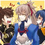  2boys angry armor blue_hair brown_eyes brown_hair closed_eyes fire_emblem fire_emblem_if grey_hair hinata_(fire_emblem_if) long_hair miyoru_(gefahr) multiple_boys oboro_(fire_emblem_if) open_mouth ponytail red_eyes takumi_(fire_emblem_if) 