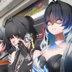  3d 4girls absurdres ahoge black_hair blue_hair blue_veil blunt_sidelocks breasts colored_inner_hair commentary cross-laced_clothes cross-laced_dress cross-laced_top dia_do_iuno_augusta english_commentary eyeliner feather_hair feathered_hair female_rover_(wuthering_waves) hair_ornament hairclip highres liangyu_(wuthering_waves) makeup man_looks_at_himself_on_someone's_phone_(meme) meme multicolored_hair multiple_girls parallel_hairclips red_eyeliner rover_(wuthering_waves) shorekeeper_(wuthering_waves) sidelocks two-tone_veil veil white_veil wuthering_waves yangyang_(wuthering_waves) yangyang_(xuanling)_(wuthering_waves) yellow_eyes 