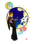  absurdres adapted_costume black_dress blonde_hair chinese_clothes cloud dress flower hand_up hanfu hat highres houraisan_kaguya junko_(touhou) long_hair long_sleeves moon_phases night night_sky petals profile red_eyes ribbon sash silhouette sitting sky solo star star_(sky) starry_sky tabard tangerine_(coffeehater) touhou transparent_background very_long_hair wide_sleeves wind 