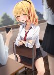  3girls absurdres amane_sora black_skirt blonde_hair blush breasts brown_hair cellphone chair commentary_request crossed_arms desk gyaru highres long_hair mole mole_under_eye multicolored_hair multiple_girls necktie open_mouth original phone piercing ponytail red_streaks school_chair school_desk school_uniform shirt sitting sitting_backwards skirt smartphone streaked_hair teeth tongue_piercing upper_teeth_only white_shirt yellow_eyes 