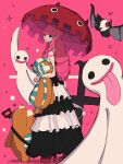  1girl 33noillust absurdres arm_tattoo bat_(animal) bat_tattoo black_dress black_eyes blunt_bangs commentary_request cross devil_fruit_power dress drill_hair frilled_dress frills full_body ghost half_updo high_heels highres holding holding_stuffed_toy holding_umbrella horned_hat kumacy looking_at_viewer looking_back mask mouth_mask one_piece perona pink_background pink_hair sidelocks smile solo stuffed_toy tattoo tongue tongue_out umbrella white_dress 