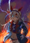  1girl animal_ears belt blue_eyes blue_hairband blue_jacket blue_sports_bra commentary_request ear_covers electricity eye_trail fang fingerless_gloves gloves grey_hair grey_tail grin hair_between_eyes hairband headband highres horse_ears horse_girl horse_tail inishie_kumo jacket light_trail lightning_bolt_print lightning_bolt_symbol long_hair long_sleeves multicolored_hairband navel open_mouth pants red_belt red_headband smile sports_bra striped_clothes striped_hairband tail tamamo_cross_(fast_as_lightning)_(umamusume) tamamo_cross_(umamusume) teeth two-tone_hairband umamusume very_long_hair white_pants 