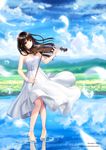  artist_name bangs bare_arms bare_shoulders barefoot black_hair bow_(instrument) brown_eyes cloud cloudy_sky day dress feathers field flower flower_field full_body highres holding holding_instrument instrument kazuharu_kina long_hair mountainous_horizon original outdoors reflection ripples rose sky solo standing standing_on_liquid strapless strapless_dress sundress tiptoes violin water watermark web_address white_dress white_flower white_rose wind 