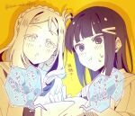  2girls :o blunt_bangs braid commentary_request crown_braid hair_ornament hair_rings hairclip holding kurosawa_dia limited_palette love_live! love_live!_sunshine!! multiple_girls neckerchief ohara_mari school_uniform serafuku single_hair_ring translation_request twitter_username wolf_ggwin yellow_theme 