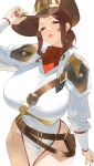  1girl absurdres arm_guards arm_up armor bandana bandana_around_neck belt belt_pouch breasts brown_belt brown_hair brown_hat brown_nails byeon_dha chest_belt commission cowboy_hat cowboy_shot cowgirl_(western) curly_sidelocks dress fur-trimmed_armor fur_trim grey_eyes groin hand_on_headwear hand_on_own_hat hat highres huge_breasts light_blush lips long_sidelocks long_sleeves looking_at_viewer magic:_the_gathering medium_hair multiple_belts nelly_borca pauldrons pelvic_curtain ponytail pouch red_bandana shoulder_armor side_slit sidelocks simple_background solo thick_lips vgen_commission white_background white_dress 