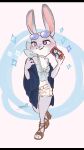  1girl :3 alternate_costume animal_ears animal_feet animal_nose artist_name bare_shoulders blue-tinted_eyewear blue_background blue_cardigan blue_shirt blush body_fur breasts brown_sandals buck_teeth cardigan cellphone commentary crop_top english_commentary eyewear_on_head floral_print_shorts full_body furry furry_female grey_fur half-closed_eyes halterneck hands_up happy heel_up high_heel_sandals high_heels highres holding holding_phone judy_hopps letterboxed long_sleeves looking_afar meme_(penpengusa_no_meme) midriff off_shoulder open_cardigan open_clothes open_mouth phone purple_eyes rabbit_ears rabbit_girl sandals shirt short_shorts shorts signature small_breasts smartphone smile solo sparkle standing strap_slip sunglasses teeth tinted_eyewear two-tone_fur white_fur white_shorts wide_sleeves zootopia 