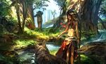 1girl backpack bag bare_shoulders black_hair brown_hair forest grass hand_behind_head jewelry long_hair midriff nature navel original outdoors ox_(baallore) plant polearm scenery spear standing stream tree weapon wolf yellow_eyes 