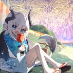  1girl :d aerial_fireworks animal_print black_sandals black_wings blue_eyes blue_kimono candy_apple commentary_request commission dragon_girl dragon_horns dragon_tail dragon_wings fang fireworks fish_print food goldfish_print hair_between_eyes hair_intakes holding holding_food horns japanese_clothes kimono long_hair long_sleeves looking_at_viewer market_stall obi original people pier pointy_ears print_kimono sandals sash short_kimono sitting skeb_commission smile solo_focus summer_festival tail very_long_hair water watermark white_hair wide_sleeves wings yuuhagi_(amaretto-no-natsu) 