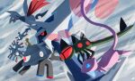  animal_focus black_sclera blue_eyes blue_skin bug colored_sclera colored_skin commentary_request dialga ewokakukaede floating from_side glowing glowing_eyes highres insect_wings magnemite magnet magneton magnezone metal_skin mew_(pokemon) no_humans one-eyed pokemon pokemon_(creature) pokemon_focus radio_antenna red_eyes screw solo tail wings yanmega yellow_background 