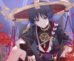  1boy absurdres arm_on_thigh armor bishounen black_bodysuit black_hair black_kimono black_shorts black_sleeves blunt_ends blurry blurry_background bodysuit closed_mouth commentary_request covered_collarbone expressionless falling_petals flower genshin_impact gold gold_trim grey_eyes grey_pupils grey_veil hat highres indoors japanese_armor japanese_clothes jewelry jingasa juban kimono kote kurokote layered_sleeves looking_at_viewer male_focus mandarin_collar mitsudomoe_(shape) neck_ring o-ring open_clothes open_kimono petals purple_rope purple_sash purple_sleeves raised_eyebrow red_flower red_hat red_kimono red_petals red_sash rope saekiya_sabou sash scaramouche_(genshin_impact) scaramouche_(harbinger)_(genshin_impact) shimenawa short_sleeves shorts single_sode sitting solo spider_lily tassel tomoe_(symbol) tsurime twitter_username variant_set veil white_kimono white_rope wispy_bangs wolf_cut 