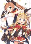  :d ;d bangs black_gloves black_legwear blonde_hair blush breasts brown_hair cagliostro_(granblue_fantasy) cape clarisse_(granblue_fantasy) commentary_request crown gloves granblue_fantasy green_eyes hair_ribbon hairband long_hair looking_at_viewer masuishi_kinoto medium_breasts multiple_girls one_eye_closed open_mouth ponytail purple_eyes red_skirt ribbon simple_background skirt smile thighhighs white_background 