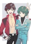  2boys aeug blue_eyes blue_hair blue_jacket brown_eyes brown_hair commentary_request gundam gundam_team gundam_zz highres jacket judau_ashta kamille_bidan looking_at_another male_focus multiple_boys o5yfct open_clothes open_jacket red_jacket smile zeta_gundam 