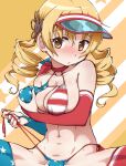  1girl american_flag american_flag_bikini american_flag_print bikini blonde_hair blue_bikini blue_thighhighs breasts cleavage closed_mouth commentary_request drill_hair flag_print flag_print_bikini grabbing_own_breast large_breasts looking_at_viewer mahou_shoujo_madoka_magica mahou_shoujo_madoka_magica_(anime) print_bikini red_bikini red_thighhighs side-tie_bikini_bottom solo swimsuit thighhighs tomoe_mami yanmaami yellow_eyes 