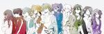  5boys 5girls absurdres anao_(moka-ko) apron bare_shoulders black_coat blonde_hair blue_eyes blue_hair blue_jacket blue_shirt braid bright_pupils brown_hair center_frills closed_mouth coat collared_dress colored_eyelashes commentary crown_braid detached_sleeves dress ene_(kagerou_project) enpera frilled_dress frills green_hair green_shirt grey_eyes grey_hair hair_between_eyes hair_ornament hairband hairclip hand_on_own_chest hand_up hands_in_pockets headphones highres hood hood_up hooded_coat hooded_shirt hoodie jacket kagerou_project kano_shuuya kido_tsubomi kisaragi_momo kisaragi_shintarou konoha_(kagerou_project) kozakura_marry long_sleeves low_ponytail multiple_boys multiple_girls open_clothes open_coat open_vest orange_dress orange_eyes orange_hair parallel_hairclips parted_lips pink_eyes pink_hairband pink_ribbon ponytail purple_eyes purple_hair purple_hoodie rainbow_order red_jacket red_scarf ribbon scarf seto_kousuke shirt short_hair short_ponytail side_braid side_ponytail simple_background smile spot_color tateyama_ayano track_jacket twintails upper_body vest white_background white_pupils wing_collar yellow_eyes 
