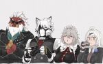  2boys 2girls alexandrina_sebastiane animal_ears big_daddy_(zenless_zone_zero) black_dress black_gloves black_hair black_jacket black_vest blue_flower breasts camera closed_eyes commentary crying crying_with_eyes_open dress fingerless_gloves flower gloves grey_background grey_hair hair_between_eyes hair_ornament highres holding holding_camera jacket large_breasts long_hair maid maid_headdress multiple_boys multiple_girls open_mouth orange_eyes pig_boy recording simple_background tama_(tamathersky) tears teeth thumbs_up tusks untranslatable_commentary upper_teeth_only vest video_camera von_lycaon white_hair wolf_boy yixuan_(trails_of_ink)_(zenless_zone_zero) yixuan_(zenless_zone_zero) zenless_zone_zero 