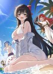  4girls :d akane_lize arahashi_tabi artist_request beach bikini black_bikini black_hair black_jacket blue_hair blue_sky blush bow breasts cloud commentary_request contrail creature day denim denim_shorts dutch_angle full_body grey_shirt haedungi_(shirayuki_hina) hair_bow hair_ornament heart heart_hair_ornament highres jacket jacket_partially_removed korean_commentary large_breasts long_hair looking_at_viewer looking_to_the_side medium_hair multiple_girls navel neneko_mashiro on_ground open_mouth outdoors red_bow red_hair sarong second-party_source shirayuki_hina shirt shirt_partially_removed short_shorts shorts simple_bird sitting sky small_breasts smile standing stellive stomach straight_hair string_bikini striped_bikini striped_clothes swimsuit triangle_bikini_top twintails v-shaped_eyebrows very_long_hair virtual_youtuber wariza water water_drop white_bikini white_sarong 