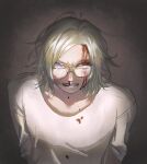  1boy absurdres angry aoppipi aotsuki_eito arms_behind_back blood blood_from_forehead blood_on_clothes brown_background bruise bruised_eye clenched_teeth collarbone commentary english_commentary glasses grey_hair highres injury looking_at_viewer male_focus no_jacket nosebleed purple_eyes shirt short_hair solo teeth the_hundred_line_-last_defense_academy- twitter_username upper_body white_shirt 