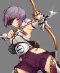  aiming armor armpits arrow bangs bow_(weapon) breastplate breasts closed_mouth cowboy_shot drawing_bow eyepatch gloves grey_background hakama highres holding holding_arrow holding_bow_(weapon) holding_weapon japanese_armor japanese_clothes lens_flare looking_at_viewer medium_breasts outstretched_arm painpa panties pauldrons purple_hair purple_hakama quiver seiken_rensei_monhame_saga short_hair shorts side-tie_panties silver_eyes simple_background single_glove sleeveless smile solo stitches thighhighs underwear weapon white_gloves white_panties 