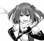  bangs double-breasted elbow_gloves fishnets gloves greyscale hair_ornament hands_on_hips kantai_collection looking_at_viewer mikage_takashi monochrome neckerchief open_mouth remodel_(kantai_collection) scarf sendai_(kantai_collection) short_hair smile solo symbol-shaped_pupils two_side_up upper_body 
