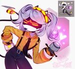  1girl absurdres grey_hair hairband highres holding holding_weapon humanoid_robot j_(murder_drones) jacket long_hair looking_at_viewer mechanical_arms murder_drones necktie reference_inset robot sd_annii short_hair short_sleeves twintails weapon white_hair yellow_eyes 