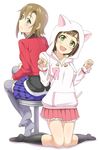  animal_hood asterisk_(idolmaster) brown_hair cat_hood cat_tail green_eyes hood idolmaster idolmaster_cinderella_girls maekawa_miku mintol_(qool+) multiple_girls open_mouth short_hair tada_riina tail thighhighs 