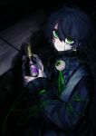  1boy absurdres bandaid bandaid_on_face black_hair black_nails black_shirt blue_eyeshadow bottle character_name closed_mouth commentary_request degrees_of_lewdity disembodied_eye eyeshadow frilled_shirt_collar frills from_above gauze gauze_on_face glass_bottle green_eyes hair_between_eyes highres holding holding_bottle kylar_(degrees_of_lewdity) kylar_(male)_(degrees_of_lewdity) light_smile makeup male_focus parted_bangs shirt short_hair sleeve_ribbon solo split_mouth upper_body yue1306799 